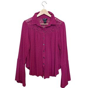 Wrangler Retro Women’s Top‎ Fuchsia Button-Down Boho Long Sleeves Crochet Yoke